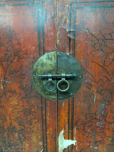 Large Chinese Red Lacquered Altar Cabinet with Hand Painted Decoration