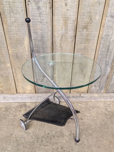 Modern Chrome and Glass Mobile Side Table with Textured Sling Shelf