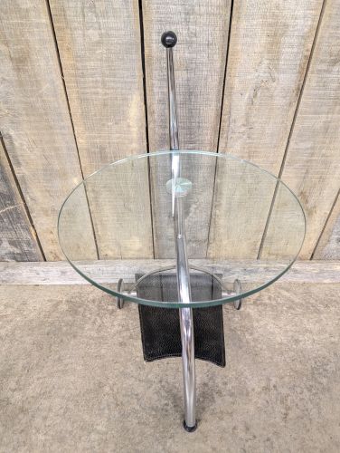 Modern Chrome and Glass Mobile Side Table with Textured Sling Shelf
