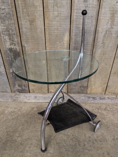 Modern Chrome and Glass Mobile Side Table with Textured Sling Shelf