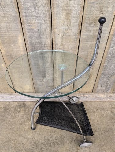 Modern Chrome and Glass Mobile Side Table with Textured Sling Shelf