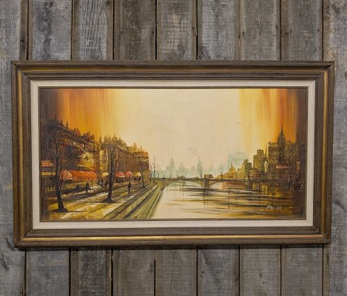 Per'iNe, Mid-Century Modern Parisian Riverside Scene, Oil on Canvas