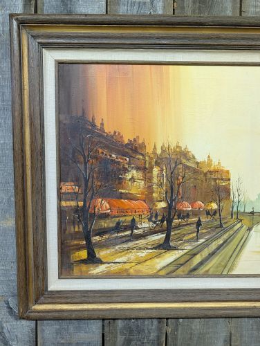 Per'iNe, Mid-Century Modern Parisian Riverside Scene, Oil on Canvas