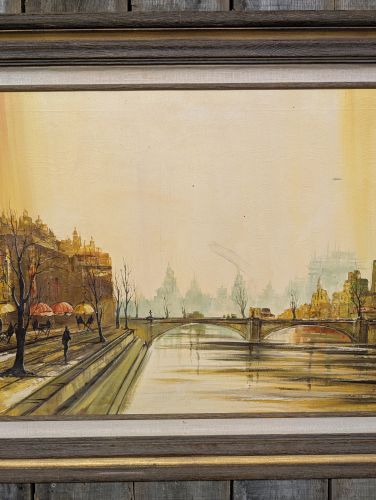 Per'iNe, Mid-Century Modern Parisian Riverside Scene, Oil on Canvas