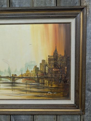 Per'iNe, Mid-Century Modern Parisian Riverside Scene, Oil on Canvas