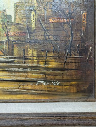 Per'iNe, Mid-Century Modern Parisian Riverside Scene, Oil on Canvas