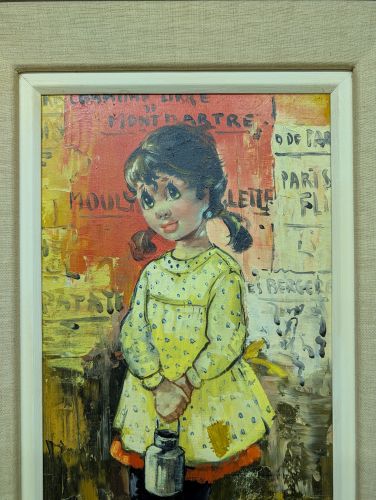 Deschamps, Parisian Urchin Girl with Milk Pail, Mid-Century Oil on Canvas