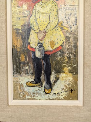 Deschamps, Parisian Urchin Girl with Milk Pail, Mid-Century Oil on Canvas