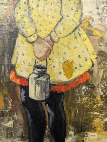 Deschamps, Parisian Urchin Girl with Milk Pail, Mid-Century Oil on Canvas