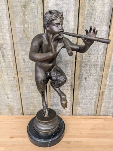 Large Bronze Sculpture of a Dancing Faun Playing the Double Flute
