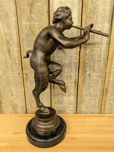 Large Bronze Sculpture of a Dancing Faun Playing the Double Flute