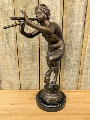 Large Bronze Sculpture of a Dancing Faun Playing the Double Flute