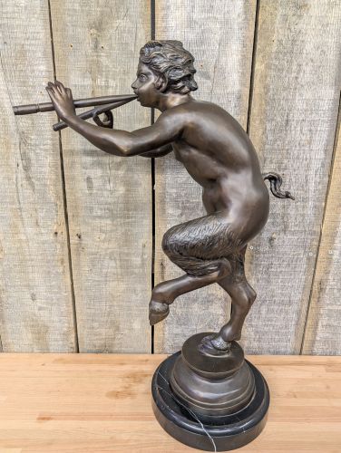Large Bronze Sculpture of a Dancing Faun Playing the Double Flute