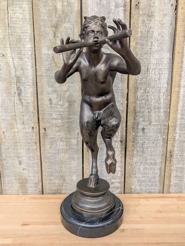 Large Bronze Sculpture of a Dancing Faun Playing the Double Flute