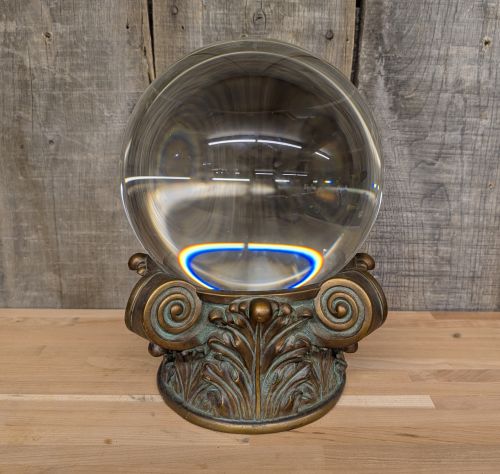 Large Optical Glass Sphere on Neoclassical Patinated Metal Base