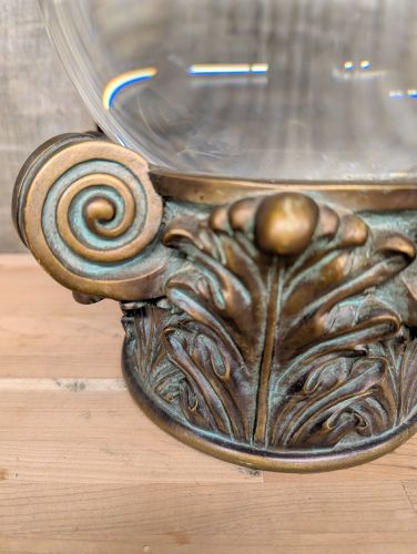 Large Optical Glass Sphere on Neoclassical Patinated Metal Base