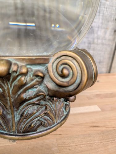 Large Optical Glass Sphere on Neoclassical Patinated Metal Base