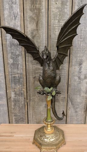 Large Cast Bronze Winged Dragon Sculpture on Decorative Pedestal Stand