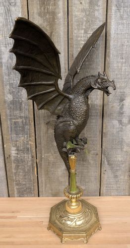 Large Cast Bronze Winged Dragon Sculpture on Decorative Pedestal Stand