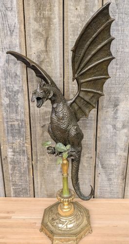 Large Cast Bronze Winged Dragon Sculpture on Decorative Pedestal Stand