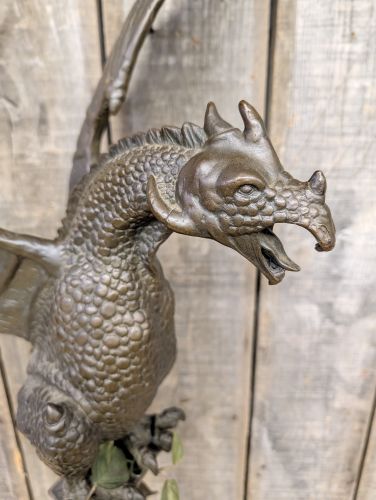 Large Cast Bronze Winged Dragon Sculpture on Decorative Pedestal Stand