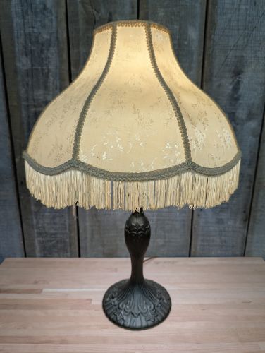 Victorian Style Cast Metal Table Lamp with Fringed Fabric Shade