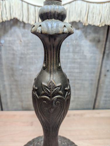 Victorian Style Cast Metal Table Lamp with Fringed Fabric Shade