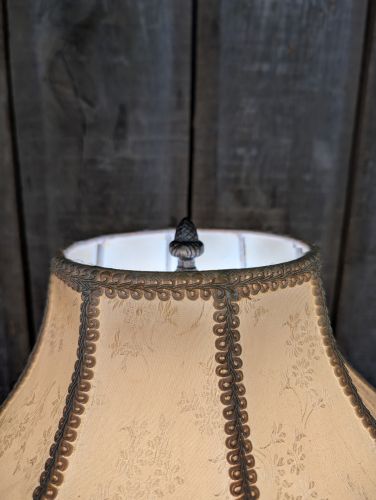 Victorian Style Cast Metal Table Lamp with Fringed Fabric Shade
