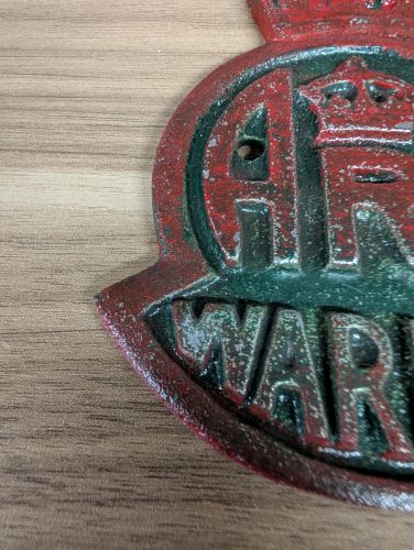 World War II British Air Raid Precautions ARP Warden Cast Metal Post Plaque