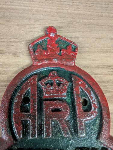 World War II British Air Raid Precautions ARP Warden Cast Metal Post Plaque
