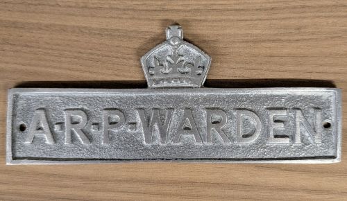 WWII British Civil Defense Air Raid Precautions ARP Warden Cast Metal Post Plaque