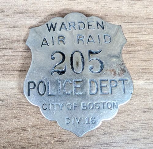 WWII Boston Police Department Air Raid Warden Badge No. 205