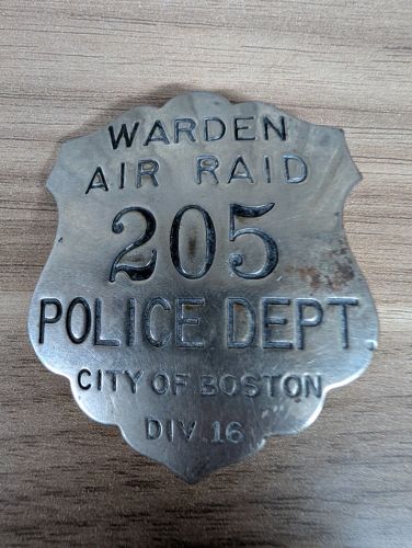 WWII Boston Police Department Air Raid Warden Badge No. 205