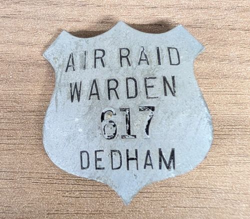 WWII US Civilian Defense Air Raid Warden Identification Badge Dedham Massachusetts