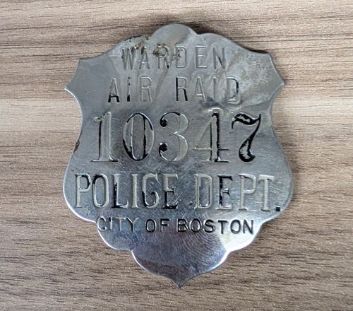 WWII City of Boston Police Department Air Raid Warden Badge Number 10347