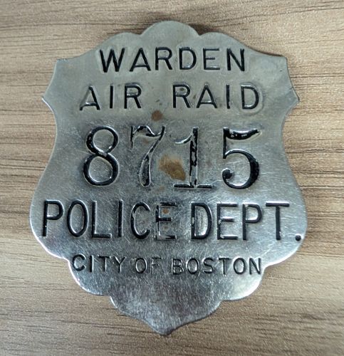 WWII Scovill City of Boston Police Department Air Raid Warden Badge Number 8715