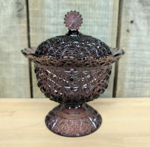 L.E. Smith Amethyst Glass Daisy and Button Pattern Covered Compote