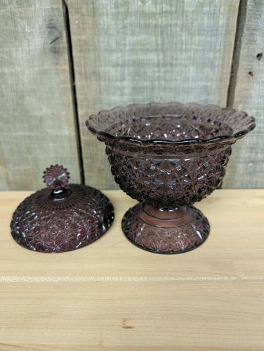 L.E. Smith Amethyst Glass Daisy and Button Pattern Covered Compote