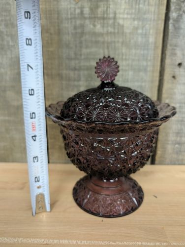 L.E. Smith Amethyst Glass Daisy and Button Pattern Covered Compote