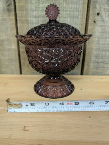 L.E. Smith Amethyst Glass Daisy and Button Pattern Covered Compote