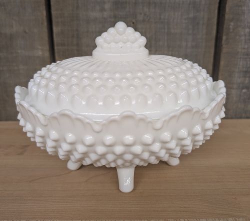 Fenton Hobnail White Milk Glass Oval Footed Covered Candy Dish