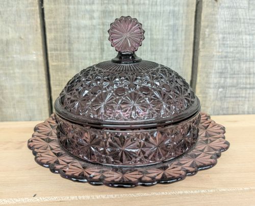 L.G. Wright Daisy and Button Pattern Amethyst Glass Three Piece Covered Dish