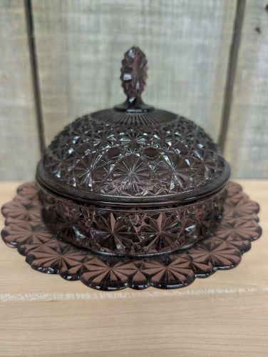 L.G. Wright Daisy and Button Pattern Amethyst Glass Three Piece Covered Dish