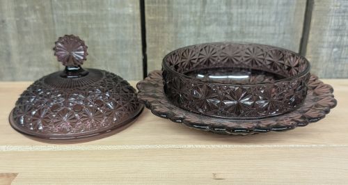 L.G. Wright Daisy and Button Pattern Amethyst Glass Three Piece Covered Dish