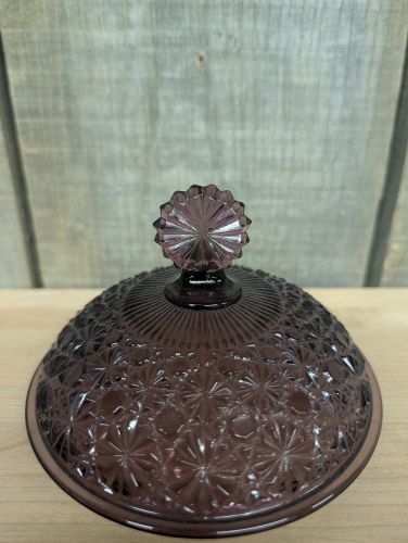 L.G. Wright Daisy and Button Pattern Amethyst Glass Three Piece Covered Dish