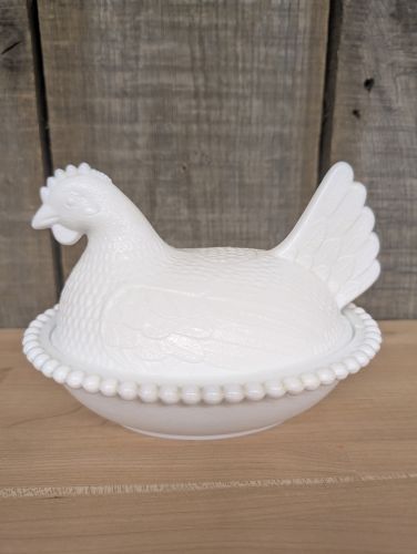 Indiana Glass White Milk Glass Hen on Nest Covered Dish