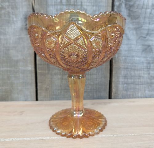 Imperial Marigold Carnival Glass Star and File Pattern Footed Compote