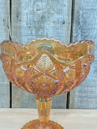 Imperial Marigold Carnival Glass Star and File Pattern Footed Compote
