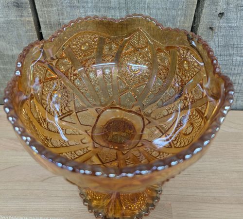 Imperial Marigold Carnival Glass Star and File Pattern Footed Compote