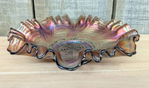 Fenton Peacock Tail Amethyst Carnival Glass Ruffled Bowl